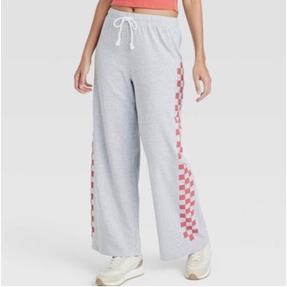 Grayson Threads Pants Womens Medium Gray Wide Leg America Graphic Check Sweats - Picture 1 of 9